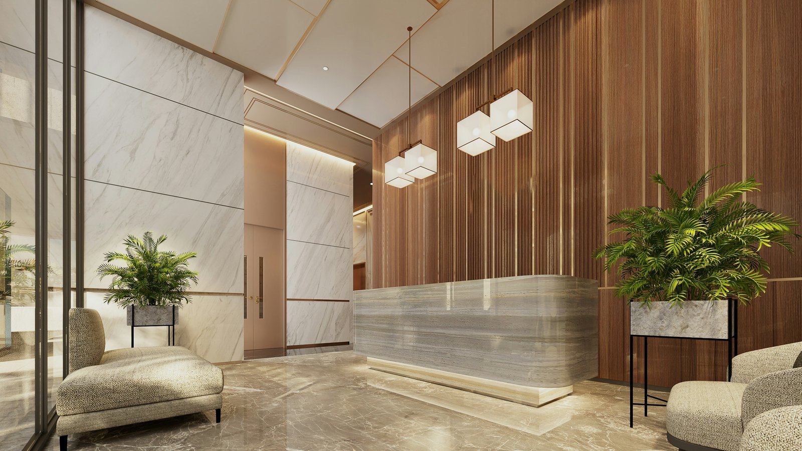 Modern commercial lobby with marble reception desk, wood panelling and indoor plants
